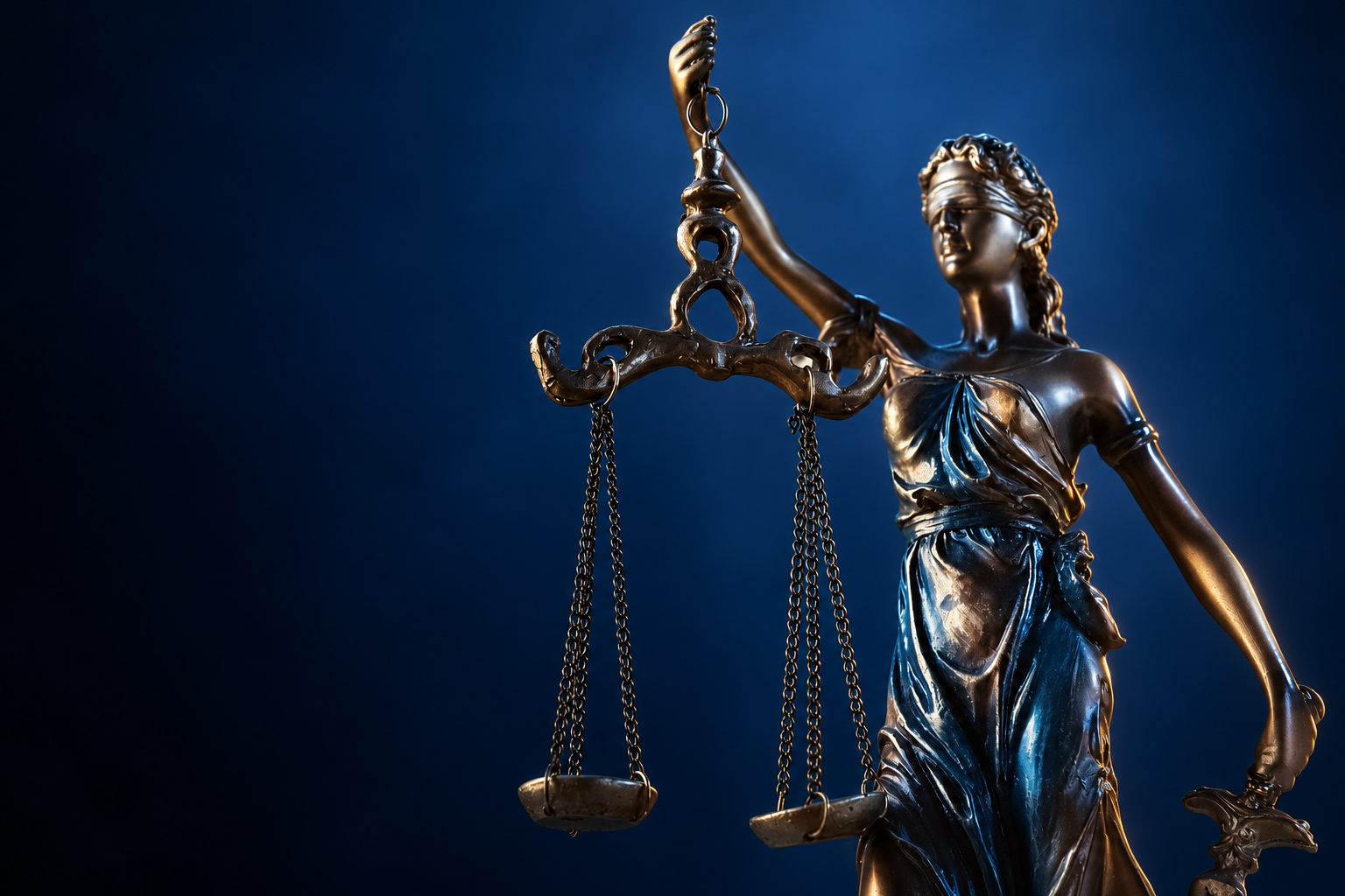 Bronze scales of justice against a blue background, illustrating compliance